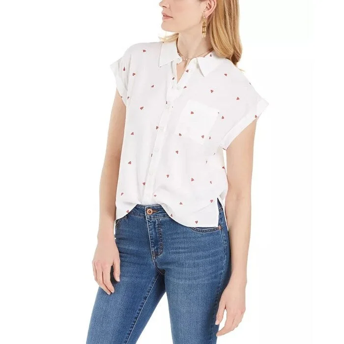 Style & Co Women's Watermelon Print Camp Shirt White Size Large