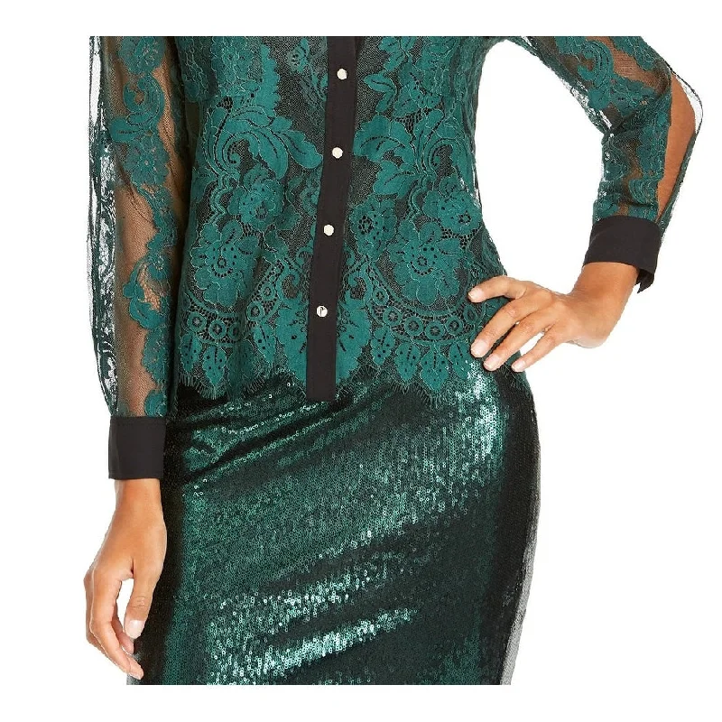 Thalia Sodi Women's Mixed-Media Button-Up Shirt Green Size Extra Small