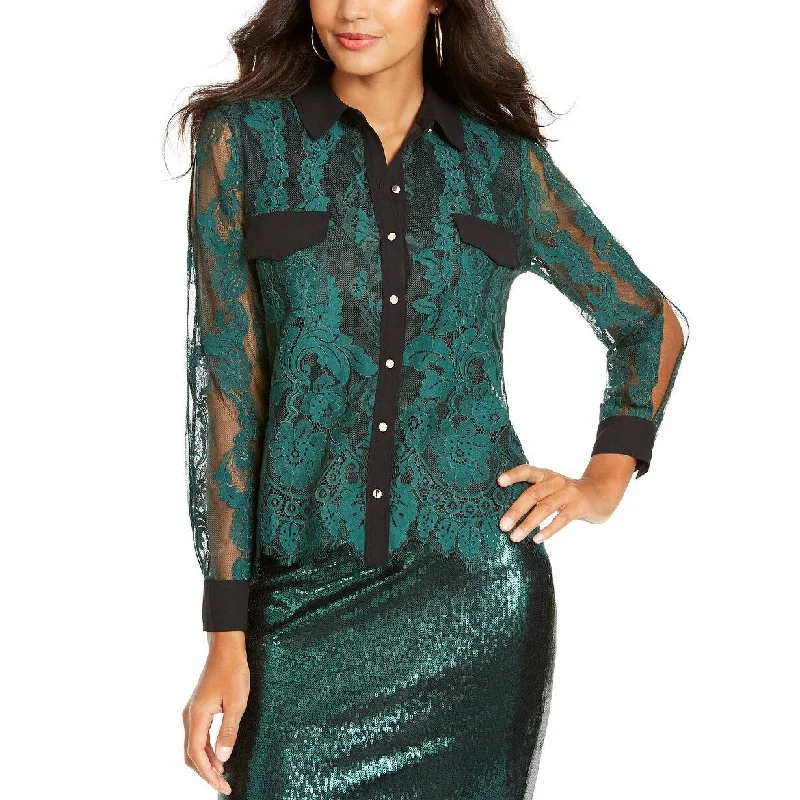 Thalia Sodi Women's Mixed-Media Button-Up Shirt Green Size Small