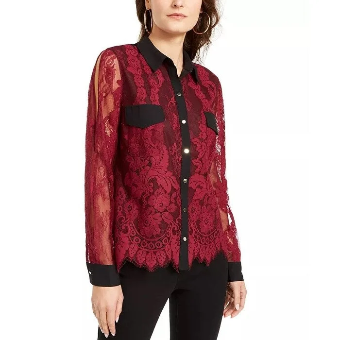 Thalia Sodi Women's Mixed Media Button Up Shirt Red Size Large