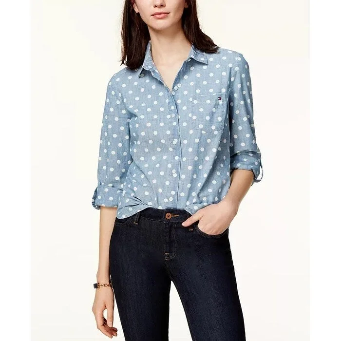 Tommy Hilfiger Women's Cotton Printed Roll-Tab Utility Shirt Blue Size X-Large - XL