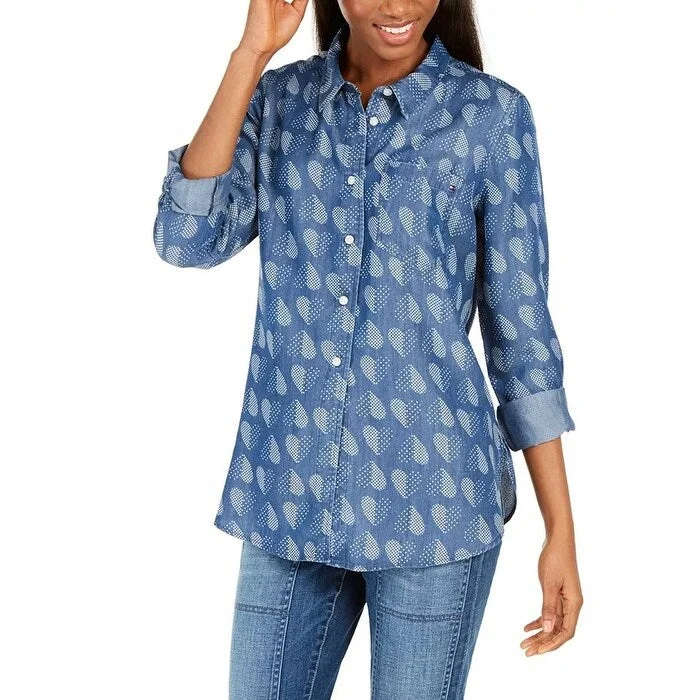 Tommy Hilfiger Women's Polka Heart Printed Shirt Blue Size Medium