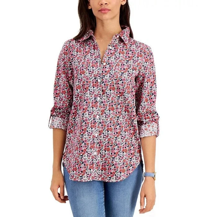 Tommy Hilfiger Women's Printed Pleat-Back Cotton Shirt Pink Size XX-Large