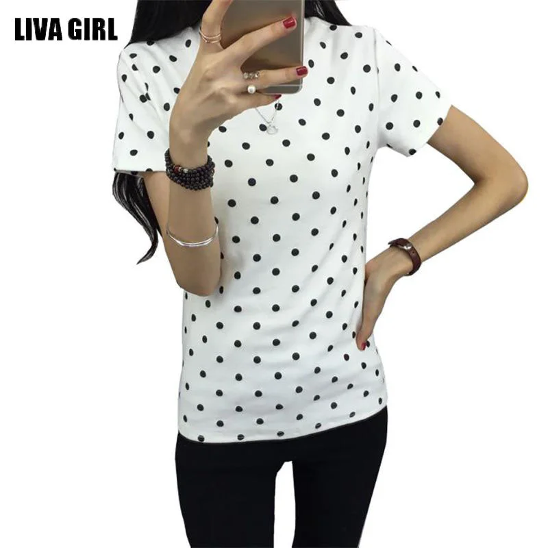 2017  Summer  Women's T-Shirt  Polka Black Dotted Clothes Shirt O-neck Short Tops Bottoming Tops Tees