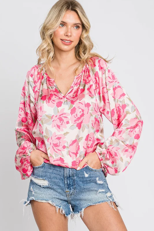 Beige Floral Satin Long Sleeve Top