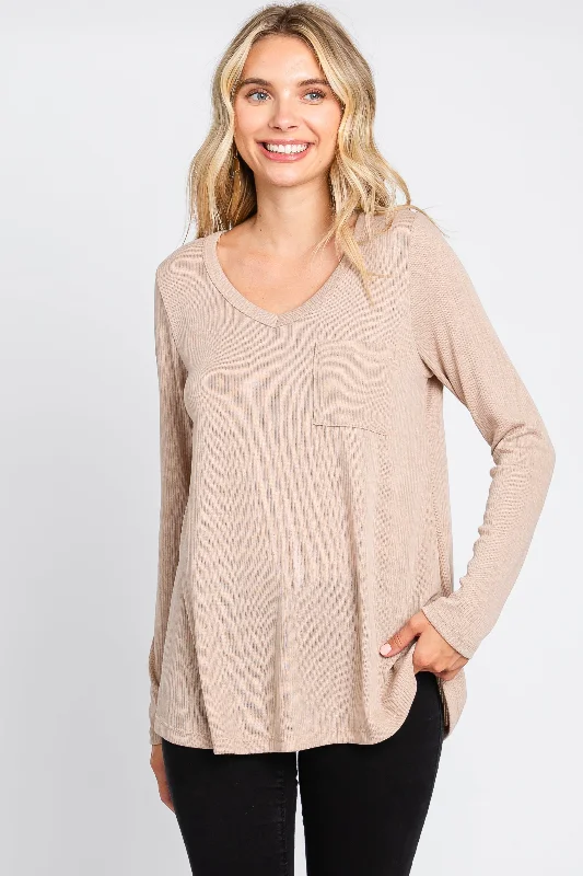 Beige Ribbed Knit Long Sleeve Top