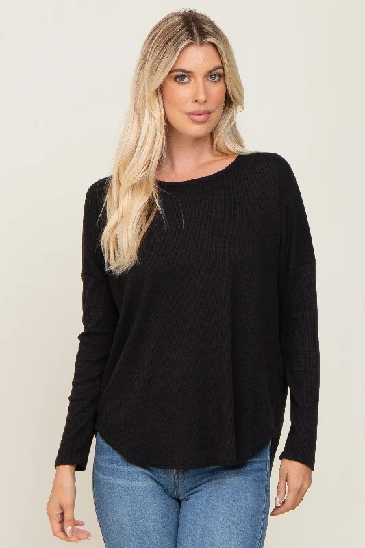 Black Waffle Knit Curved Hem Long Sleeve Top