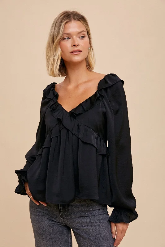 Black Washed Satin Cross Ruffled Long Sleeve Blouse