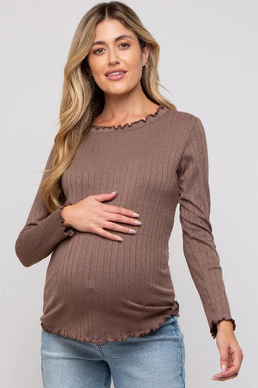 Brown Rib Knit Lettuce Trim Maternity Long Sleeve Top