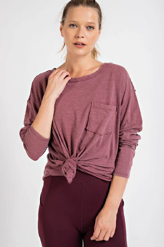 Burgundy Mineral Wash Front Pocket Long Sleeve Top