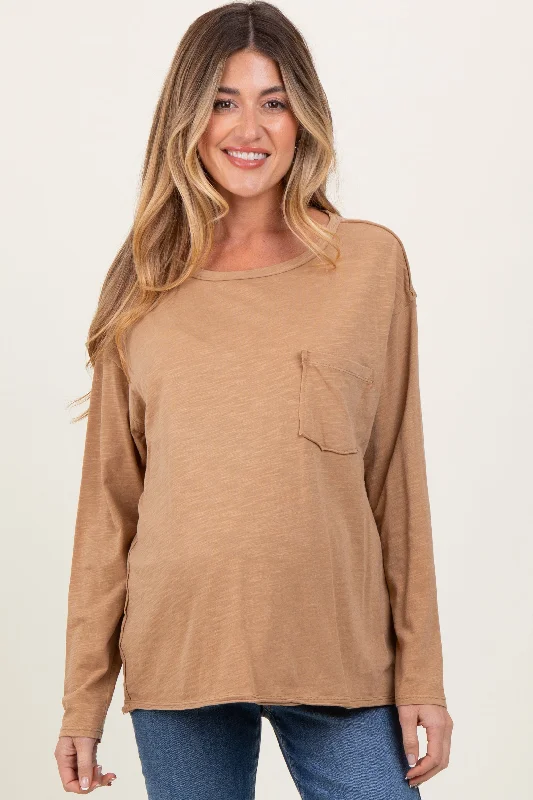 Camel Mineral Wash Front Pocket Long Sleeve Maternity Top