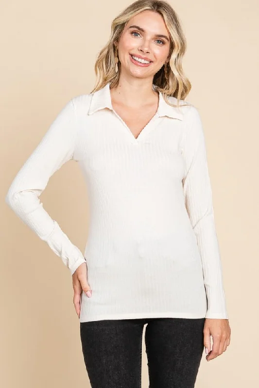 Cream Ribbed Collared Long Sleeve Top