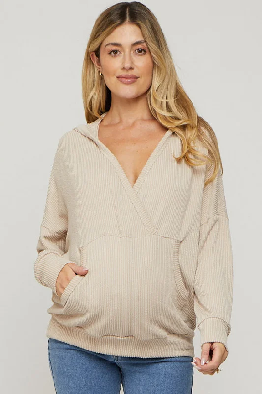 Cream Ribbed Hooded Wrap Long Sleeve Maternity Top