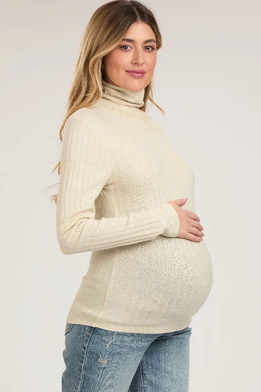 Cream Ribbed Long Sleeve Maternity Turtle Neck Top