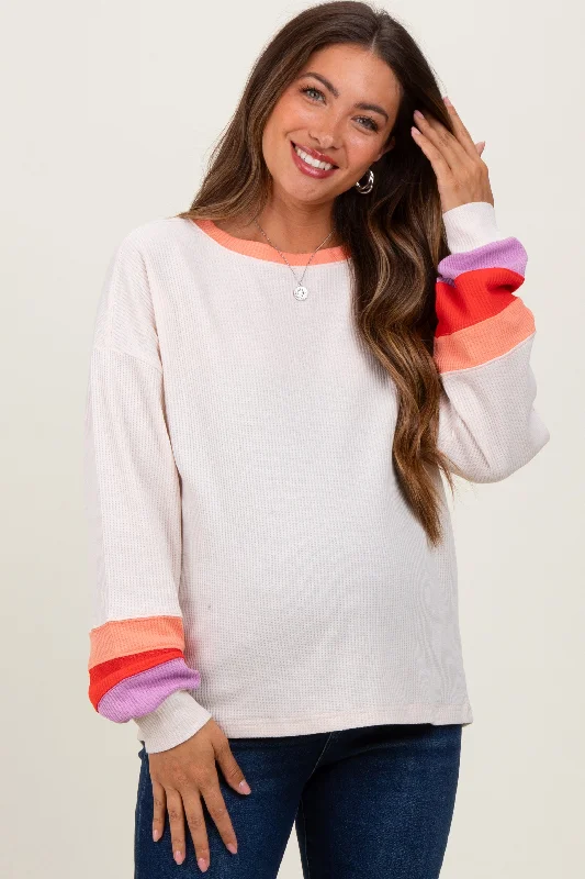 Cream Waffle Knit Colorblock Long Sleeve Maternity Top