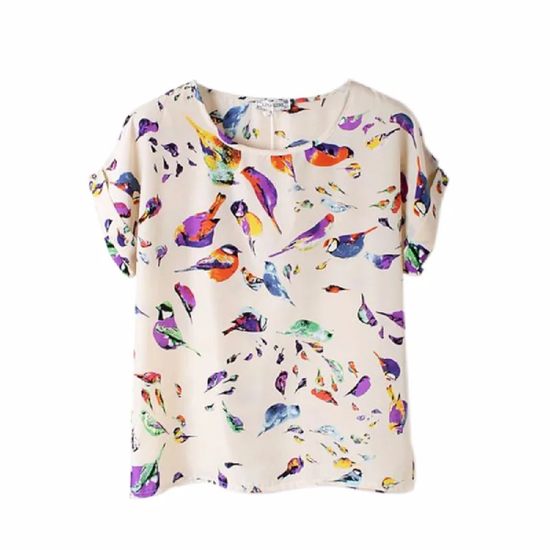 Hot Sale T Shirt Women 2017 Summer Funny Birds Printing Womens Loose T-Shirt Chiffon Colorful Short Sleeve Female T-Shirts