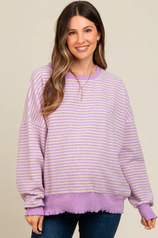 Lavender Striped Ruffle Hem Maternity Long Sleeve Top