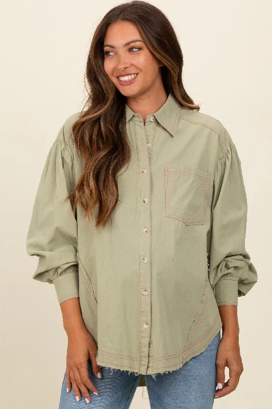 Light Olive Contrast Stitch Button Up Collared Long Sleeve Maternity Top