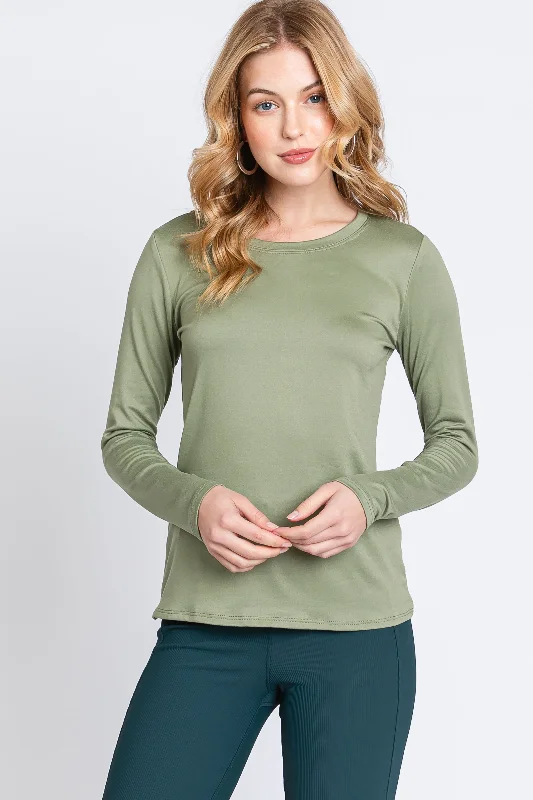 Light Olive Knit Long Sleeve Round Hem Top