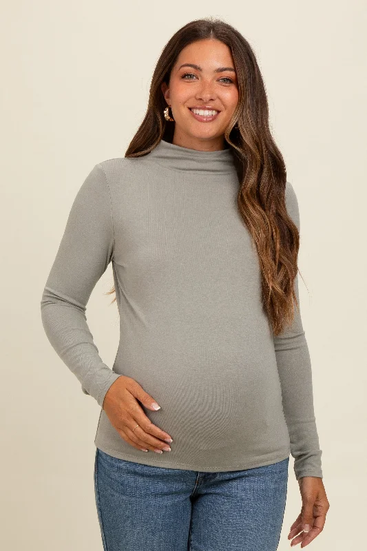 Light Olive Mock Neck Maternity Long Sleeve Top