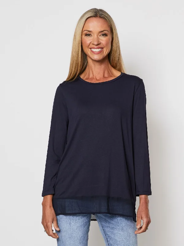 Long Sleeve Georgette Hem T-shirt - Navy