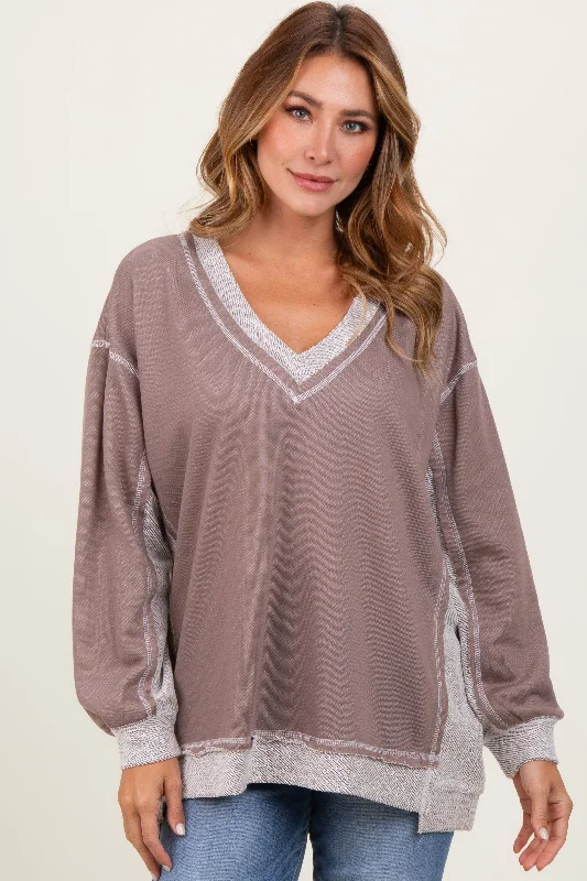 Mocha Contrast French Terry Long Sleeve Top