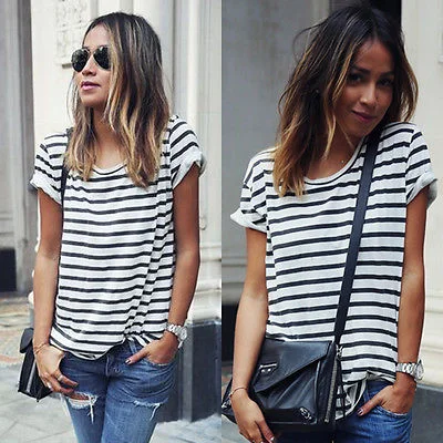 New Summer Women Tops O-Neck T-Shirt Short Sleeve Striped T Shirts Tees Blusas Femininas Free Shipping S M L XL Plus Size