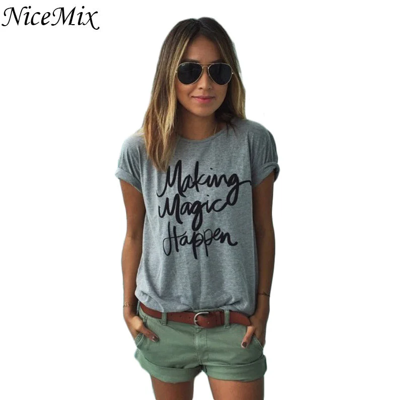 NiceMix Brand New 2017 Summer Women T-shirt Printed Magic Letters Fashion O-Neck Short Sleeve Loose Tee Shirt Femme