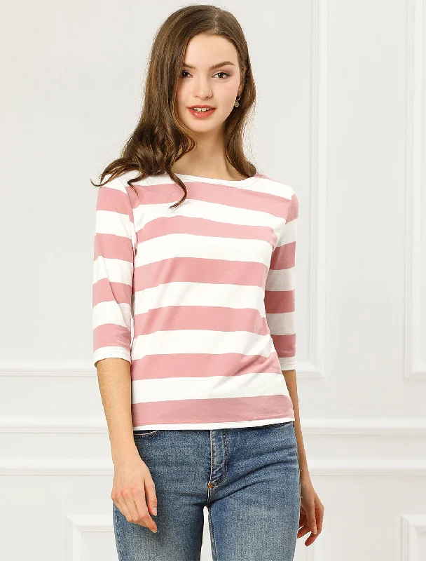 Striped Elbow Sleeve Casual Basic Boat Neck T-shirt