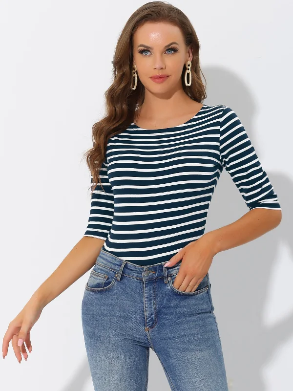 Casual Striped Elbow Sleeve Basic Boat Neck T-shirt