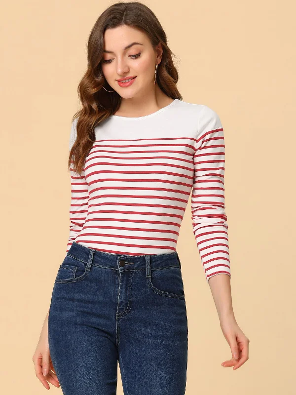 Striped Color Block Long Sleeve Round Neck T-Shirt