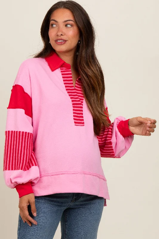 Pink Colorblock Striped Maternity Long Sleeve Top