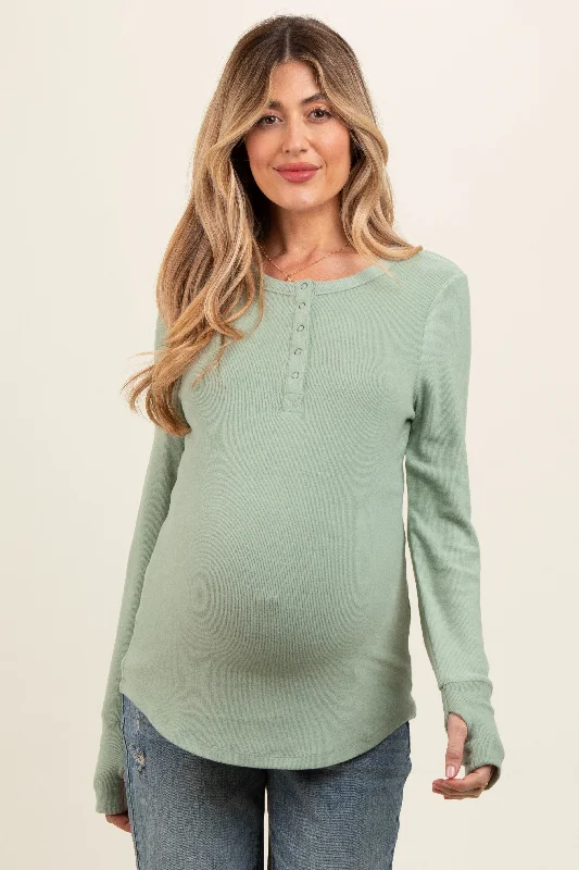 Sage Button Front Soft Knit Long Sleeve Henley Maternity Top