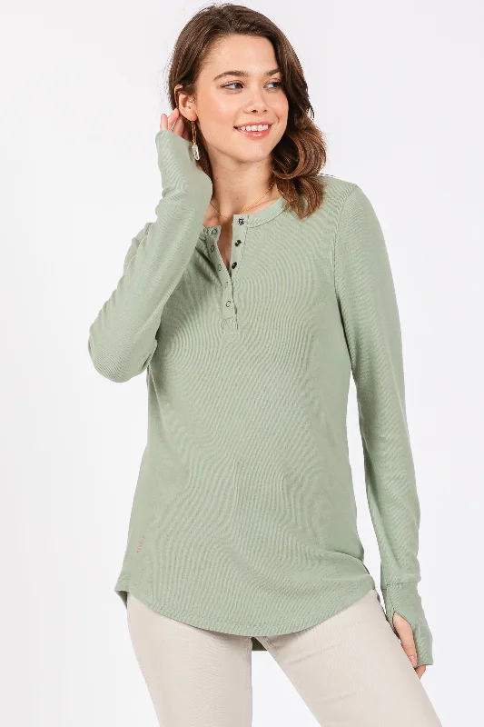 Sage Button Front Soft Knit Long Sleeve Henley Top