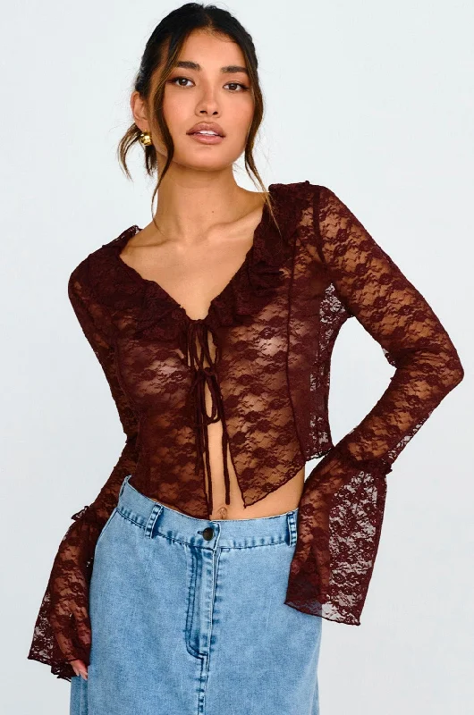 Siren Long Sleeve Tied Lace Top Brown