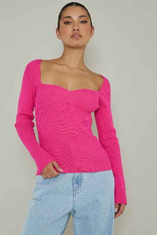 Switch Focus Long Sleeve Knit Top Hot Pink