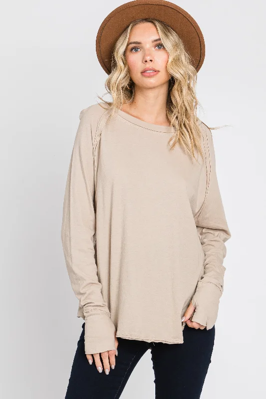 Taupe Exposed Seam Long Sleeve Top