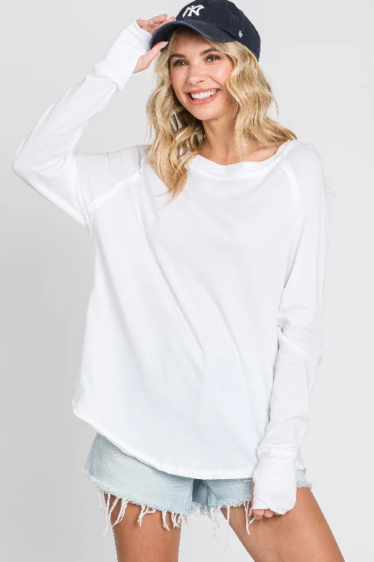 White Exposed Seam Long Sleeve Top