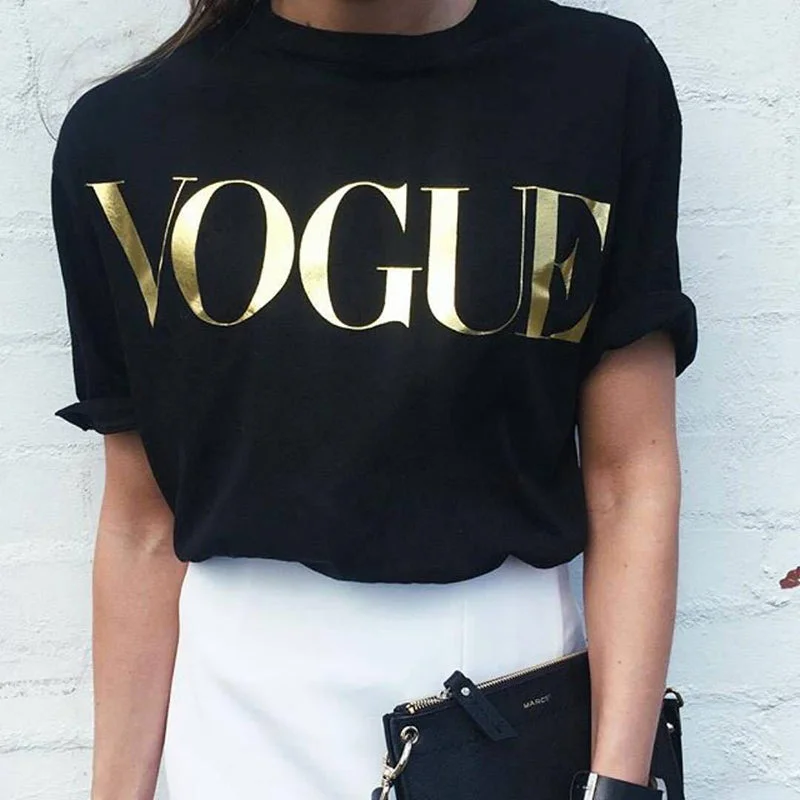 ZSIIBO Summer VOGUE Print Gold Shining Letter T-shirt Women Simple Casual Short Sleeve O-Neck Tops Femme Clothing KaTx08