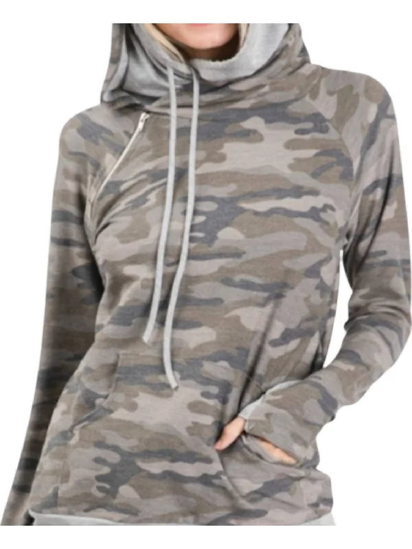 Camo Side Zipper Hoodie In Camo Print