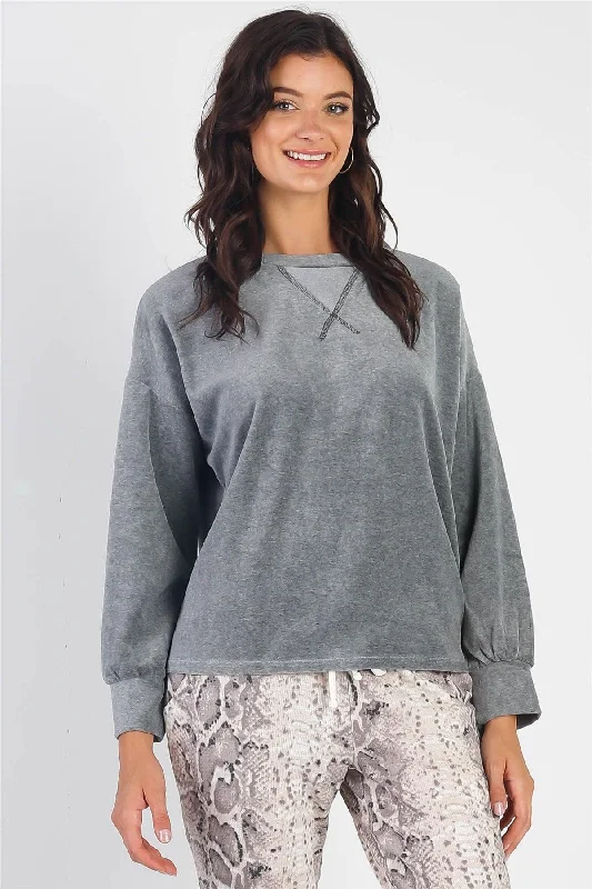 Charcoal Velour Cotton Blend Long Sleeve Sweatshirt