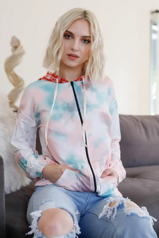 Dreamy Pastel Tie-Dye Plaid Accent Hoodie