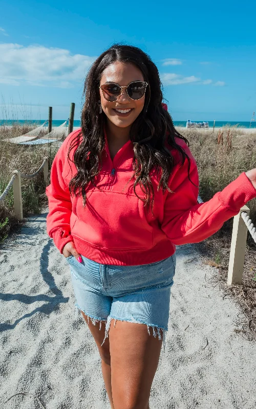 The Ava Bright Coral 1/2 Zip Mock Neck Sweatshirt by Salty Wave**DEAL-COUPON EXCLUDED