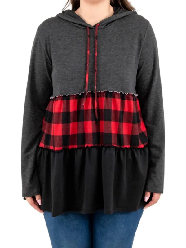 Tiered Babydoll Hoodie Top In Charcoal/red