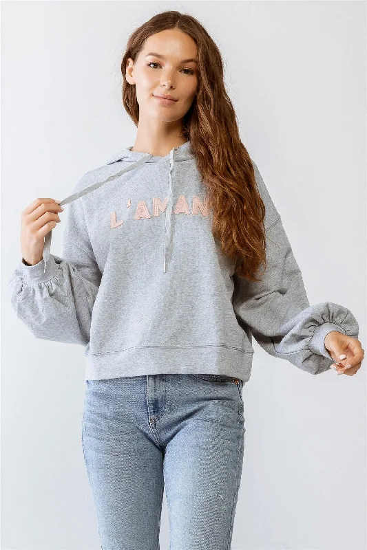 Heater Grey "L'AMANT" Print Long Sleeve Hoodie Sweatshirt /1-2-2-1